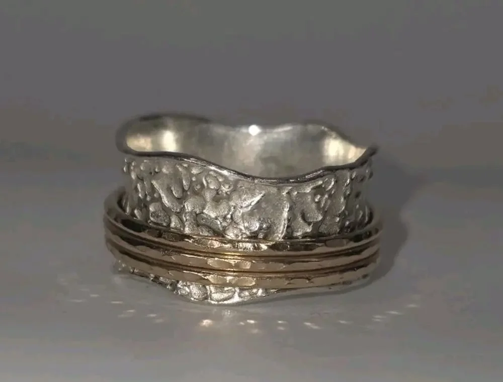 925 Sterling Silver Spinner Ring Hammered Mixed Metal Meditation Ring Size 8